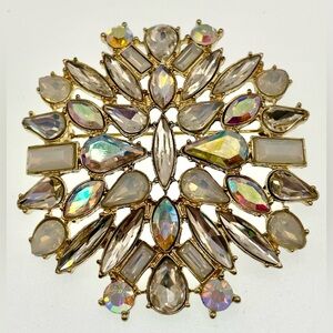 Vintage Gold Tone Brooch Various Shaped Sparkling Crystals AB Clear Milky White